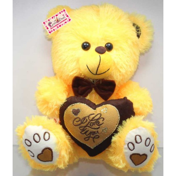 Yellow Puchi Teddy Bear with a Bow and I Love You Heart