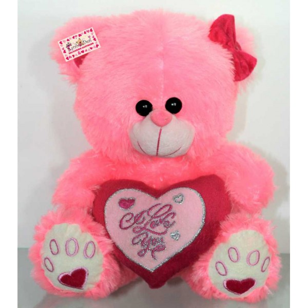Pink Puchi Girl Teddy Bear with a Bow and I Love You Heart