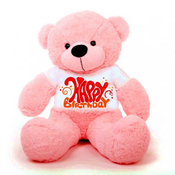 Pink 5 feet Big Teddy Bear wearing a Happy Birthday T-shirt