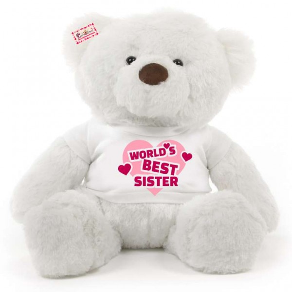 2 feet big white fur face teddy bear wearing Worlds Best Sister T-shirt