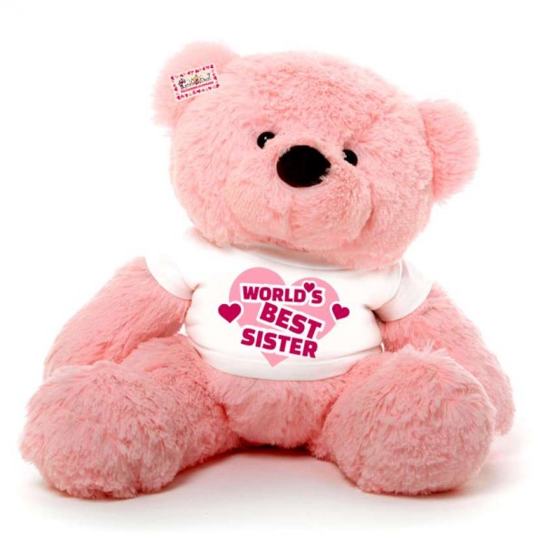 2 feet big pink fur face teddy bear wearing Worlds Best Sister T-shirt