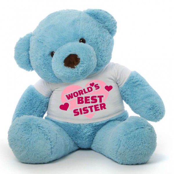3.5 feet big blue fur face teddy bear wearing Worlds Best Sister T-shirt