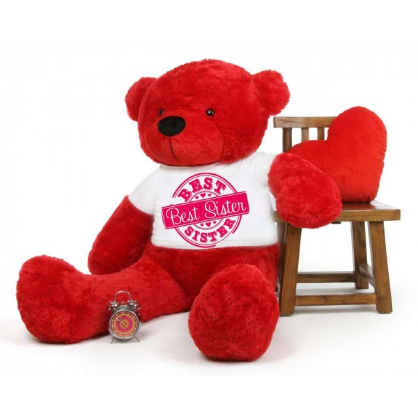 5 feet big red teddy bear wearing special Best Sister T-shirt