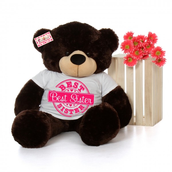 4 feet big chocolate brown teddy bear wearing Best Sister T-shirt