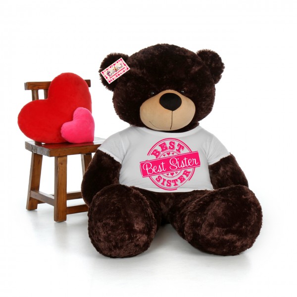 5 feet big chocolate brown teddy bear wearing Best Sister T-shirt