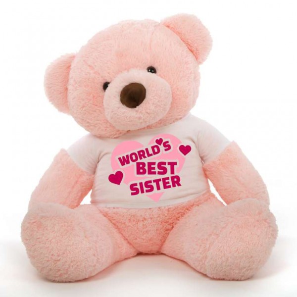 3.5 feet big pink fur face teddy bear wearing Worlds Best Sister T-shirt