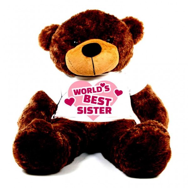5 feet big brown teddy bear wearing Worlds Best Sister T-shirt