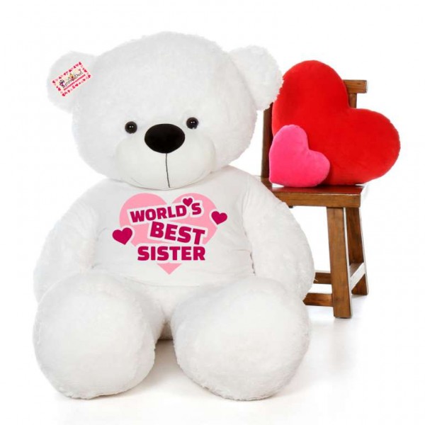 5 feet big white teddy bear wearing Worlds Best Sister T-shirt