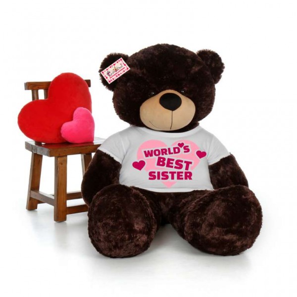 5 feet big chocolate brown teddy bear wearing Worlds Best Sister T-shirt