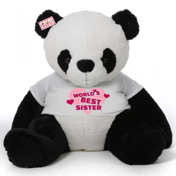 5 feet big panda teddy bear wearing Worlds Best Sister T-shirt