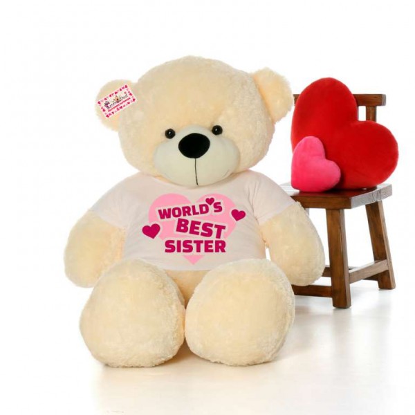 5 feet big peach teddy bear wearing Worlds Best Sister T-shirt