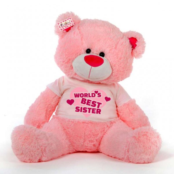5 feet big pink gabby teddy bear wearing Worlds Best Sister T-shirt