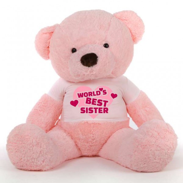 5 feet big pink fur face teddy bear wearing Worlds Best Sister T-shirt