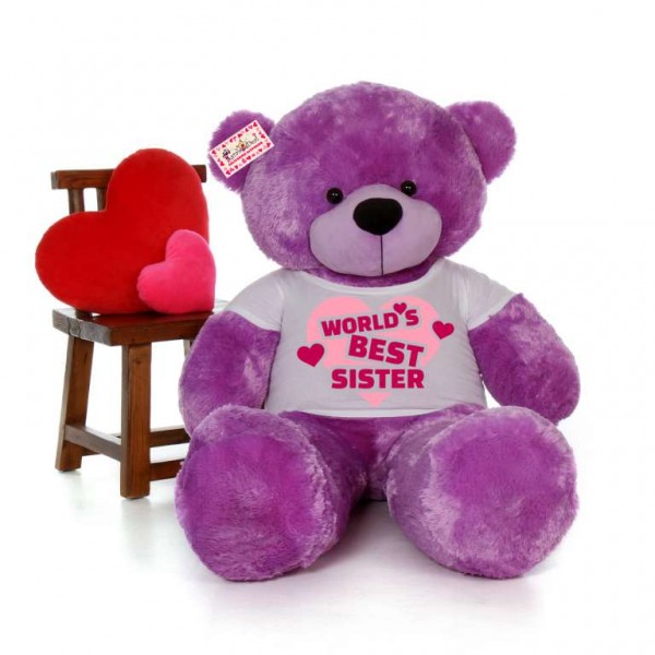 5 feet big purple teddy bear wearing Worlds Best Sister T-shirt