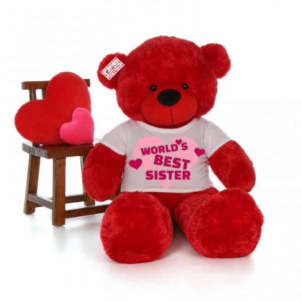 5 feet big red teddy bear wearing Worlds Best Sister T-shirt