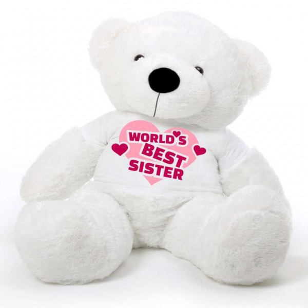 5 feet big white fur face teddy bear wearing Worlds Best Sister T-shirt