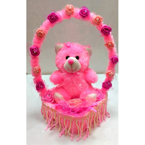 Grabadeal Pink Soft Lovable/Huggable Teddy Bear in a Beautiful Decorated Rose Basket for Valentines Day Gifts/Gift for Girlfriend/Love Gift (30 cm)