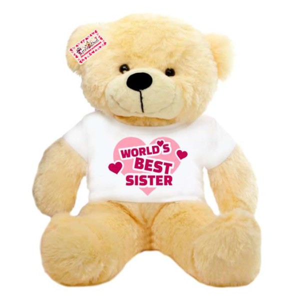 2 feet big peach teddy bear wearing Worlds Best Sister T-shirt