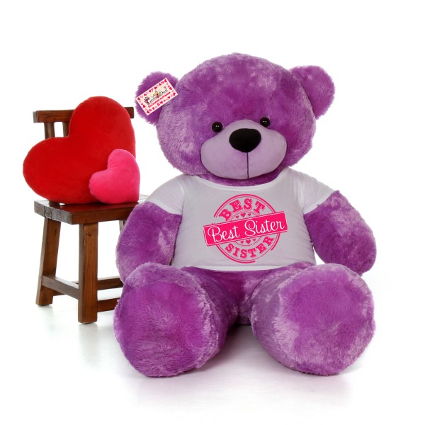 5 feet big purple teddy bear wearing Best Sister T-shirt