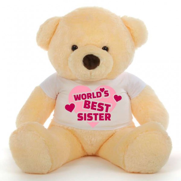 3.5 feet big peach fur face teddy bear wearing Worlds Best Sister T-shirt