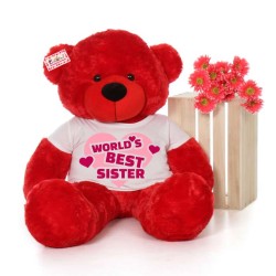 4 feet big red teddy bear wearing Worlds Best Sister T-shirt