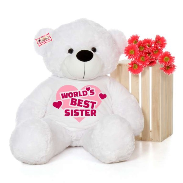 4 feet big white teddy bear wearing Worlds Best Sister T-shirt