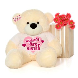 4 feet big peach teddy bear wearing Worlds Best Sister T-shirt