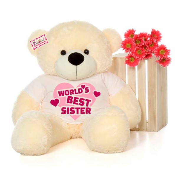4 feet big peach teddy bear wearing Worlds Best Sister T-shirt