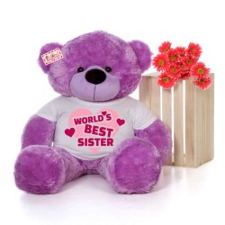 4 feet big purple teddy bear wearing Worlds Best Sister T-shirt
